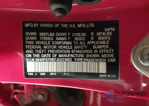 2018 Honda Civic Ex z USA, uszkodzony, nr VIN SHHFK7H57JU223652